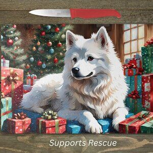 Christmas American Eskimo Dog Kitchen Tempered Glass Cutting Board or Trivet